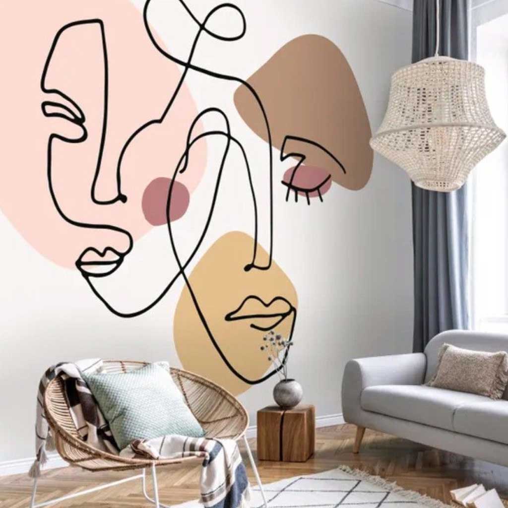 Hand-Painted Figurative Mural, Minimalist, Color Accents