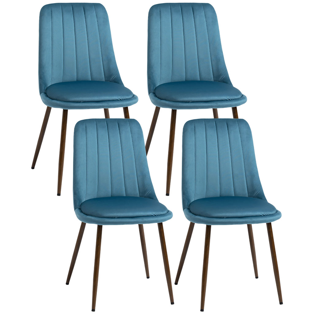 Set of 4 Velvet Dining Chairs, Curved Back, Blue