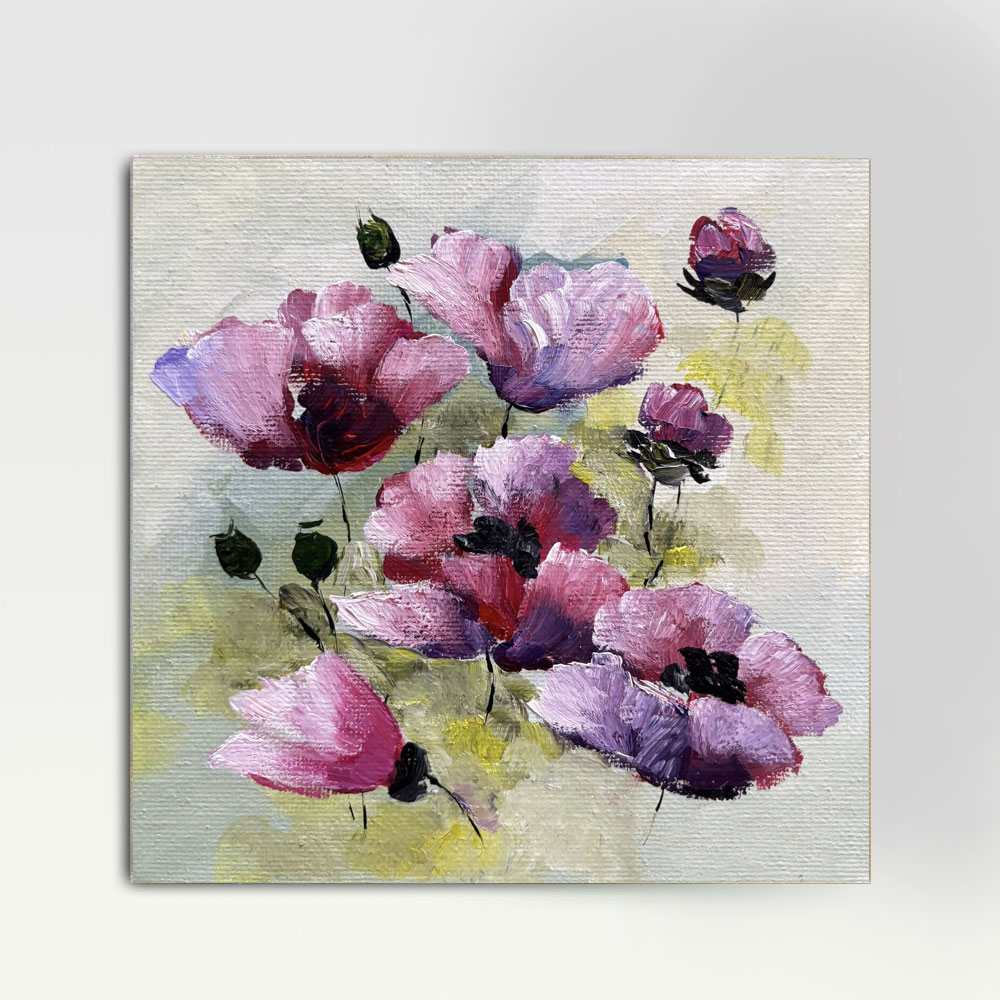 Impressionist Purple Poppies Painting, Oil on Canvas, 22x25cm