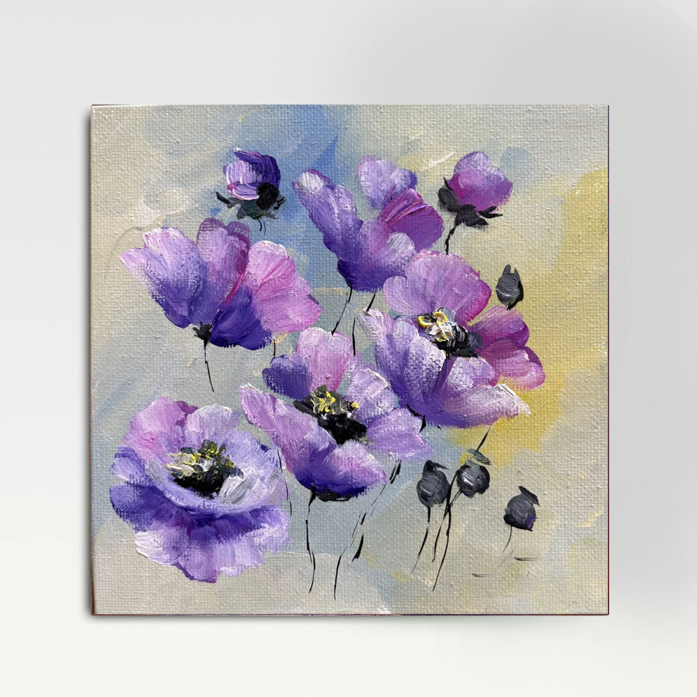 Lavender Poppies Impressionist Oil Painting, 20x20cm