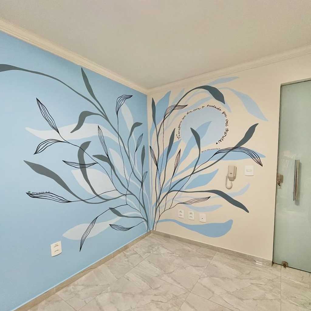 Hand-Painted Minimalist Floral Mural, Vibrant Accents