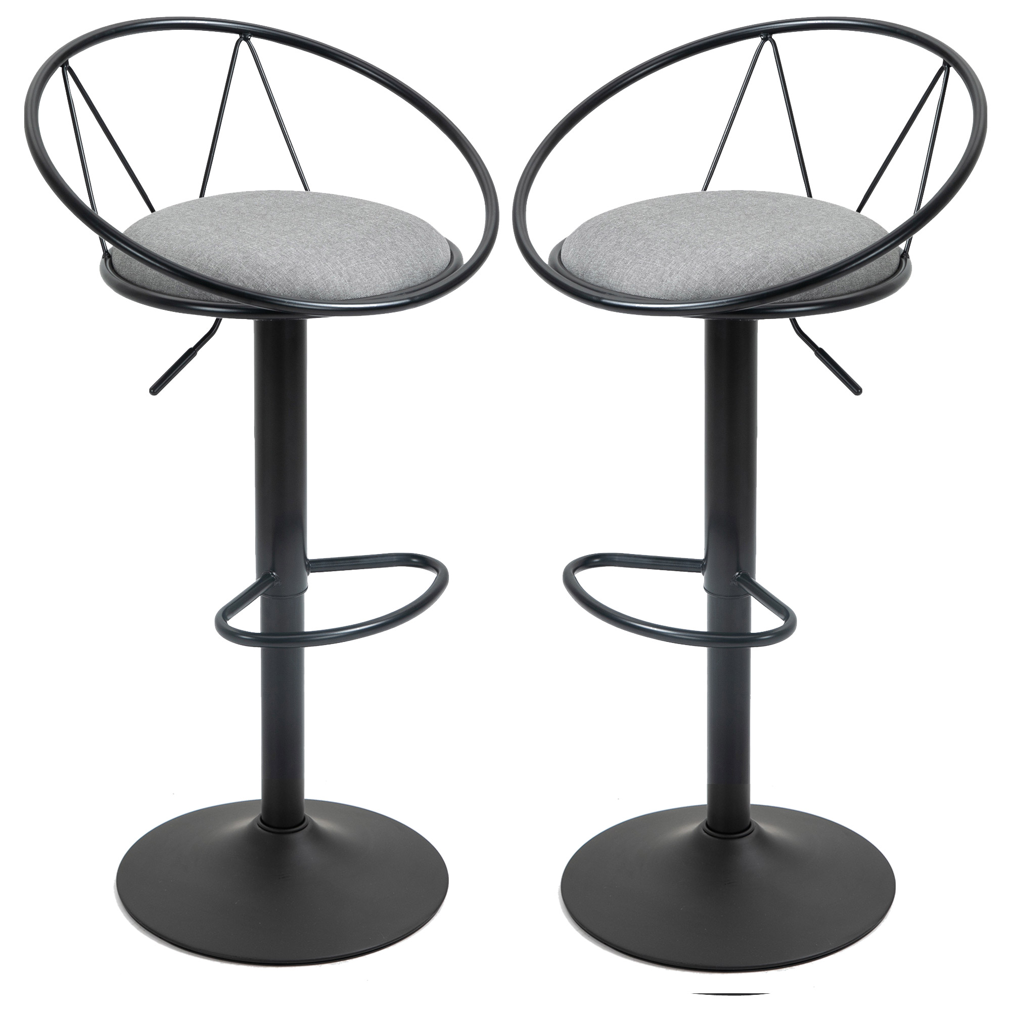 Set of 2 Swivel Bar Stools, Adjustable Height, Grey