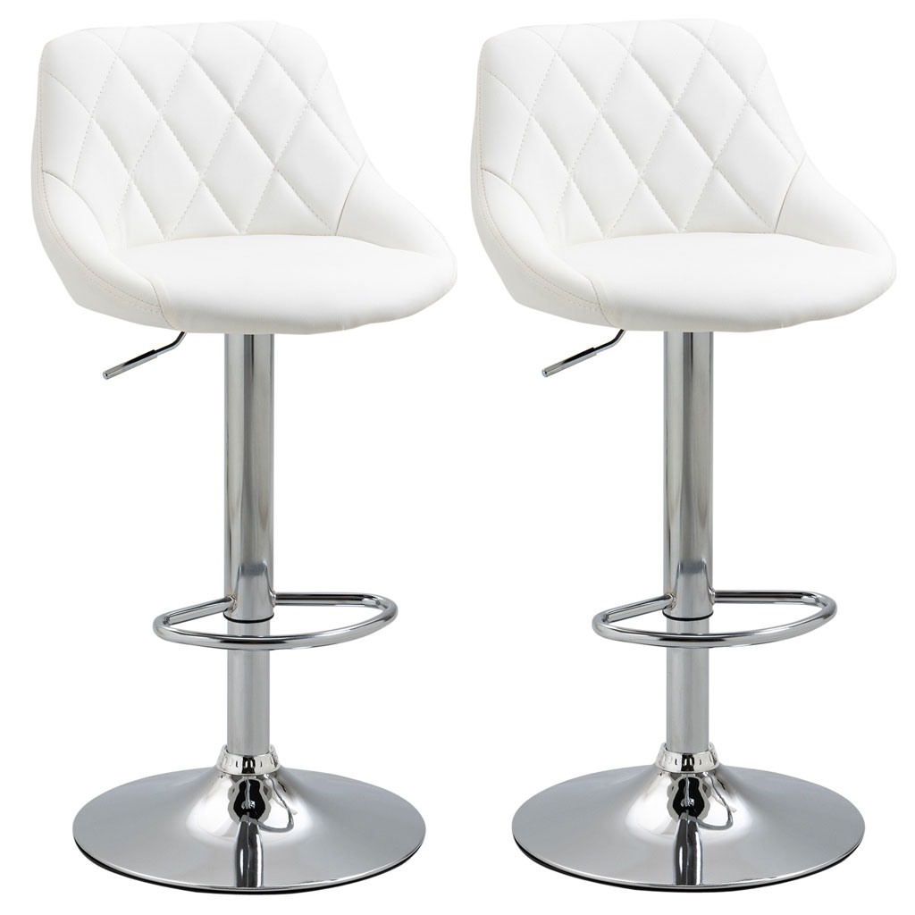 Set of 2 Swivel Bar Stools, Diamond Stitch, White Faux Leather