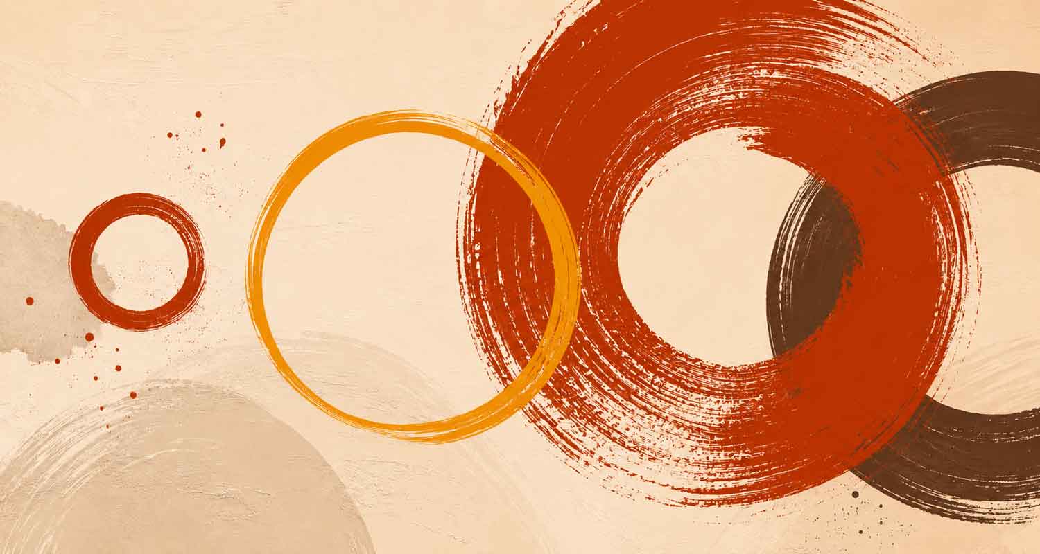 Hand-painted abstract circles in terracotta, ochre and umber on a warm cream canvas.