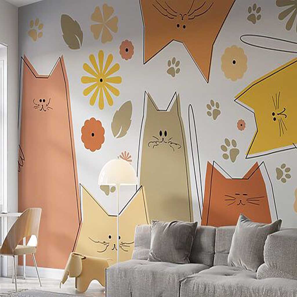 Hand-Painted Whimsical Animal Mural, Minimalist, Color Accents