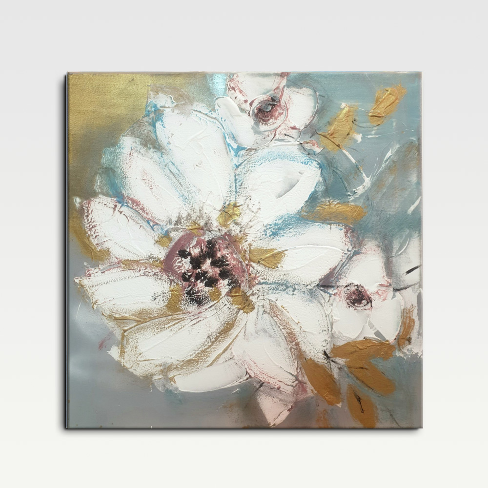 Blue Flower Abstract Painting, Handmade Mixed Media, 40x40cm