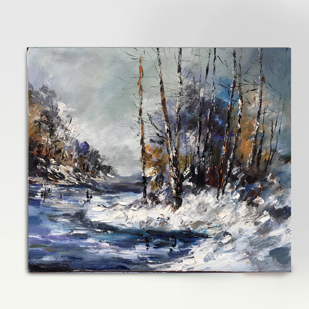 Winter Riverbank Impressionist Oil Painting, 36x41cm