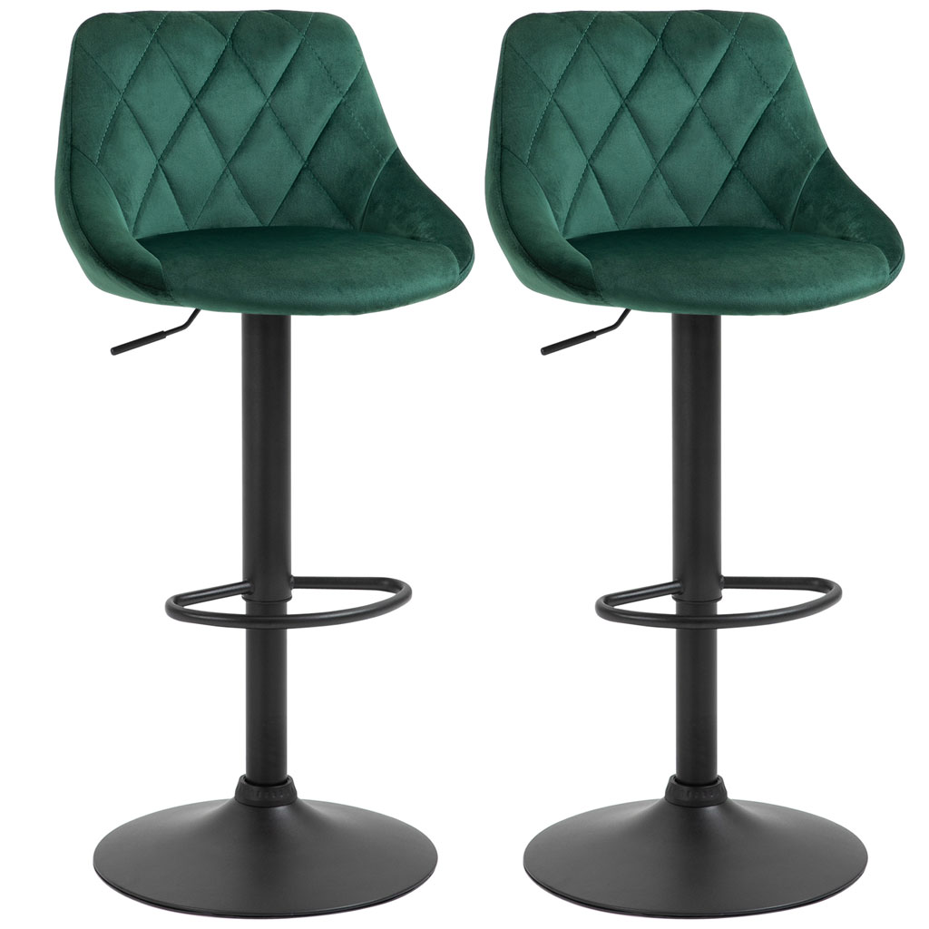Set of 2 Swivel Bar Stools, Adjustable, Green Velvet