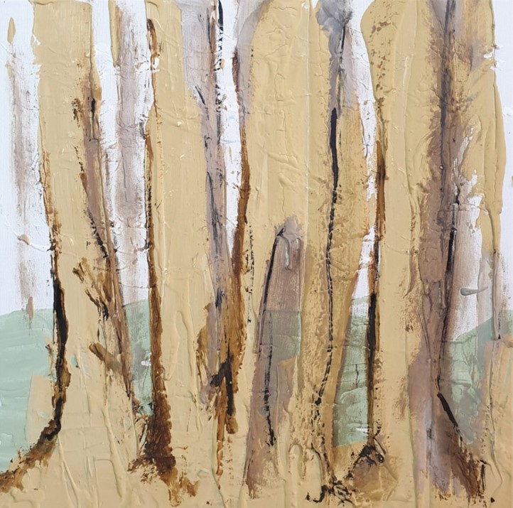 Autumn Birch Abstract Painting, Mixed Media, 40x40cm