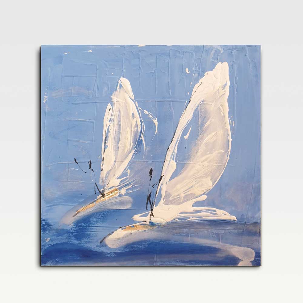White Sails: Abstract Seascape Painting, Hand-Painted Mixed Media, 40x40cm