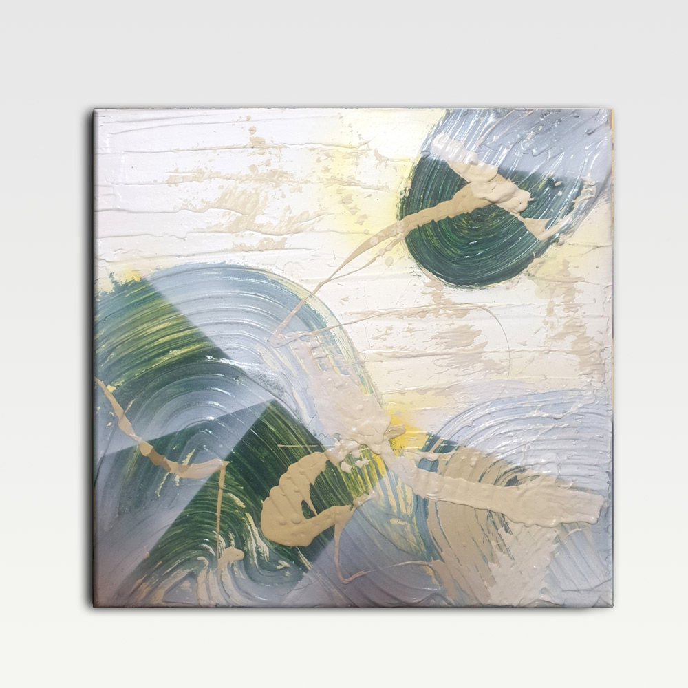 Green Code Abstract Painting, Handmade Mixed Media, 40x40cm