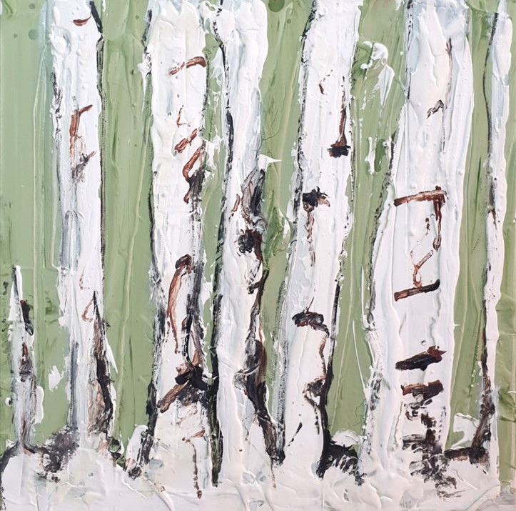 Spring Birch Abstract Painting, Mixed Media, 40x40cm