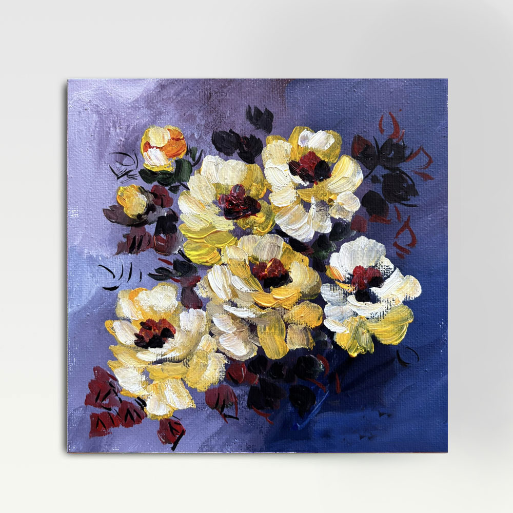 Impressionist Golden Flowers Painting, Oil on Canvas, 20x20cm